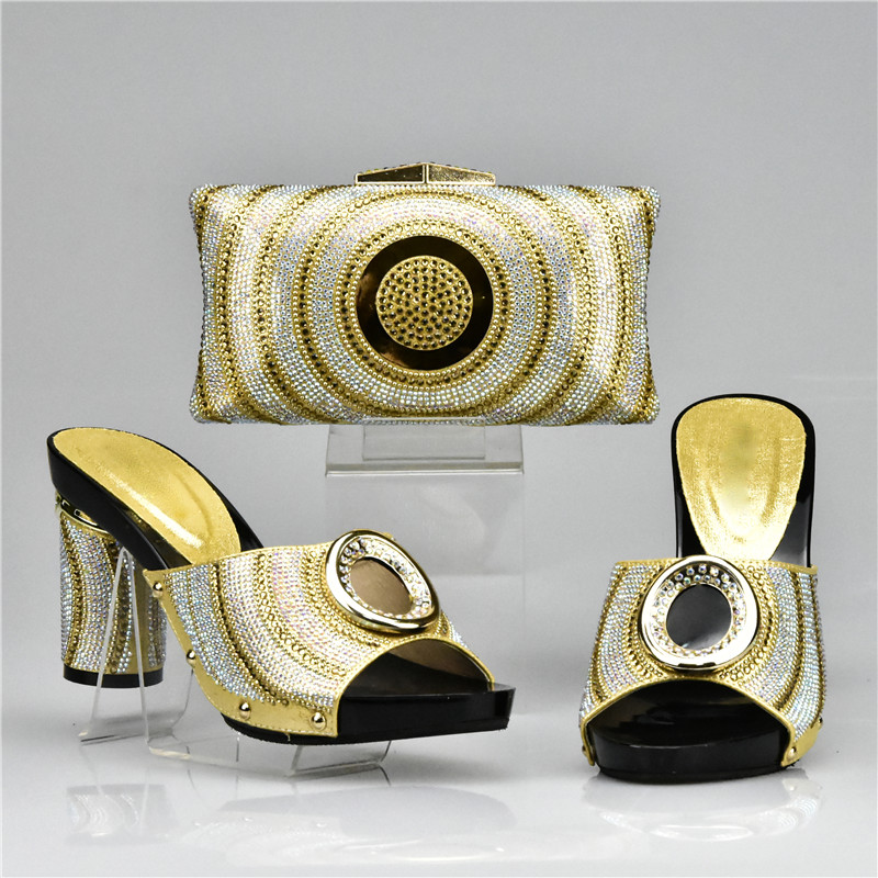 Latest Green Color Italian Ladies Shoes and Bag Set Decorated with Rhinestone African Women Italian Shoe and Bag Set for Wedding