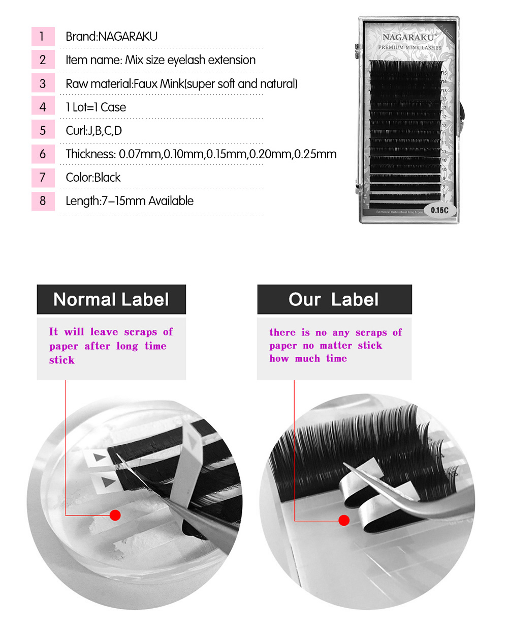 NAGARAKU Fast Ship 16rows/case 7~15mm mix premium natural synthetic mink individual eyelash extension makeup maquiagem cilios