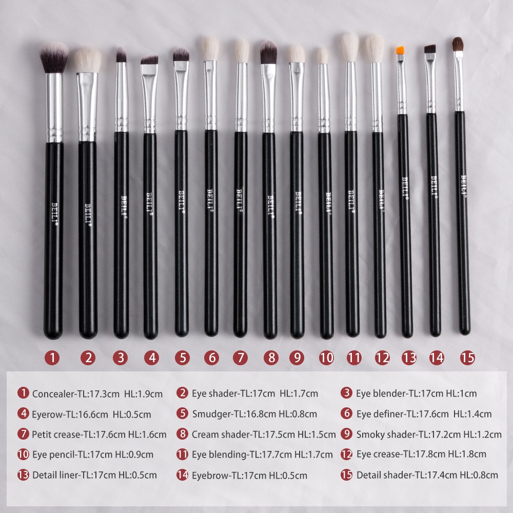 BEILI Black 15Pcs Makeup brushes Natural Goat Pony hair Eye shadow Blending Eyeliner Eyebrow Smokey shade brush set