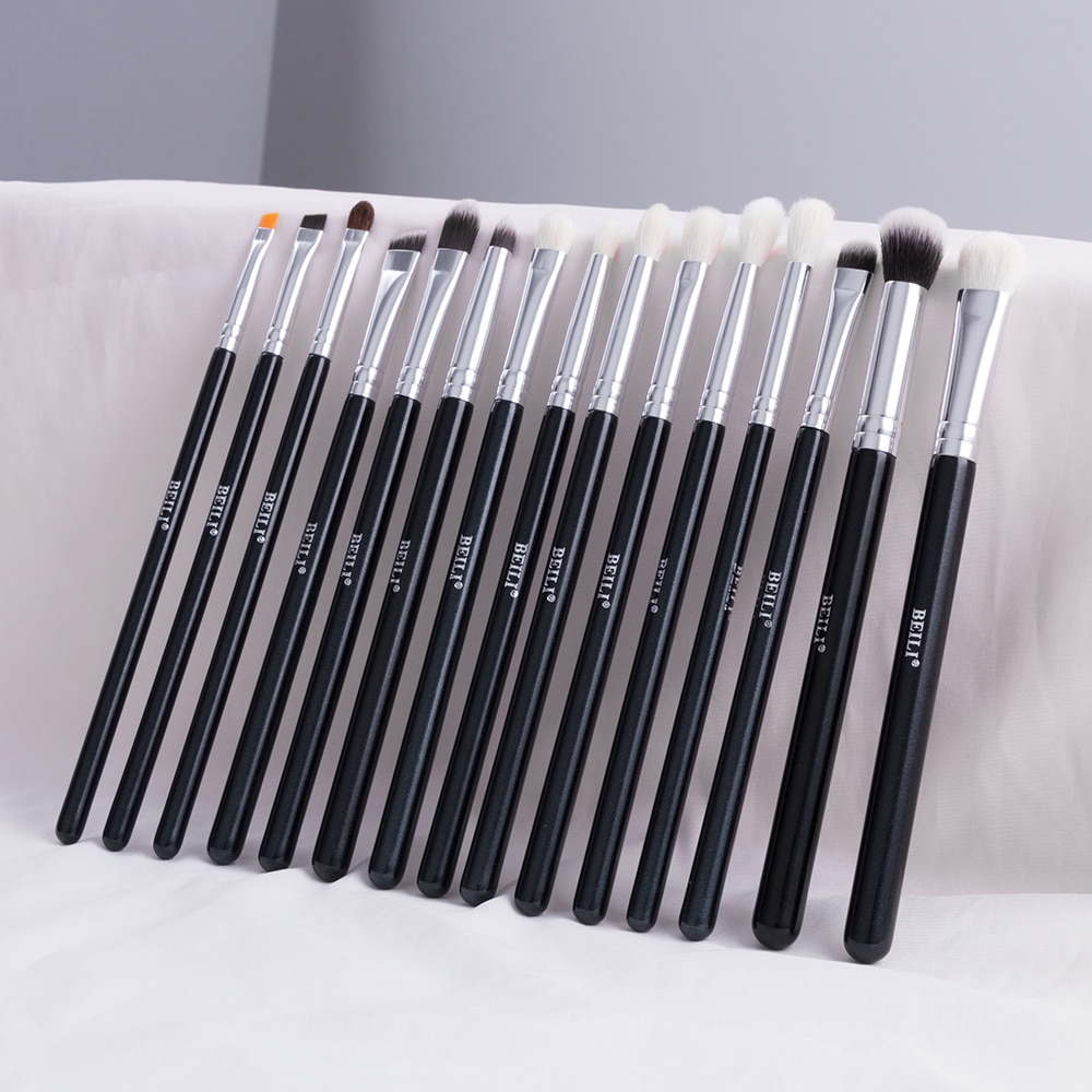 BEILI Black 15Pcs Makeup brushes Natural Goat Pony hair Eye shadow Blending Eyeliner Eyebrow Smokey shade brush set