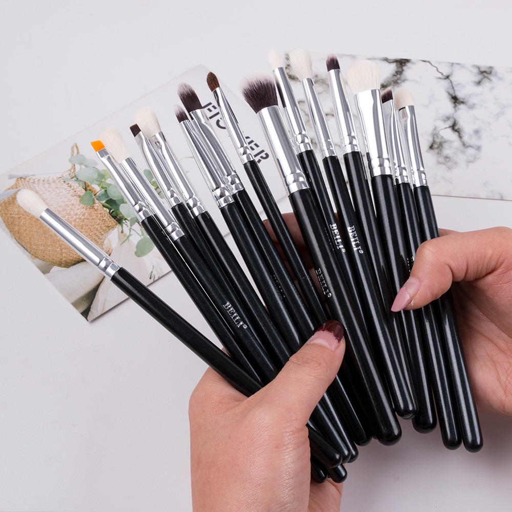 BEILI Black 15Pcs Makeup brushes Natural Goat Pony hair Eye shadow Blending Eyeliner Eyebrow Smokey shade brush set