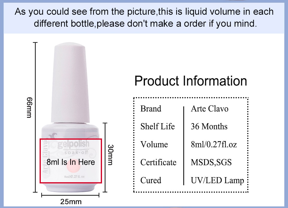 Arte Clavo 8ml Nail Polish Nail Gel Soak off LED UV Hybrid Gel Lacquer Nail Primer Gel Varnish Red Pink Glitter Nail Makeup