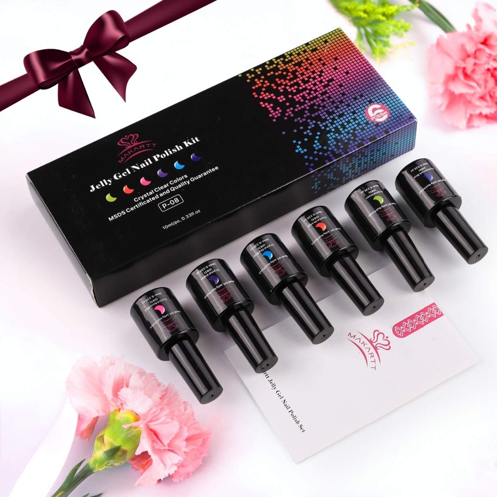 Makartt Gel Polish Crystal Rainbow Jelly Gel Nail Kit 6PCS Shiny Resistant Soak Off UV LED Curing Gels Lacquer Color Gel