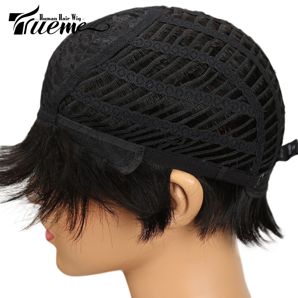 Trueme Natural Dark Brown Red Wine Color Short 100% Human Hair Wigs For Black Women Pixie Cut Full Wigs Remy Brazilian Hair