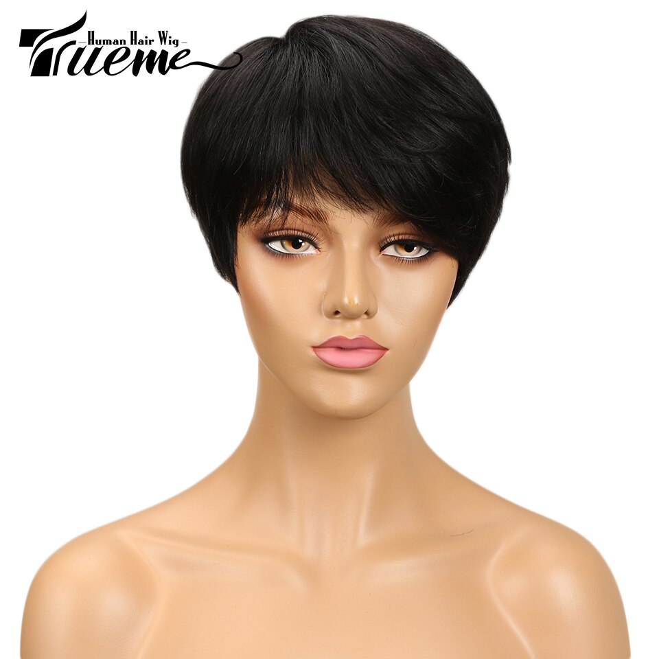 Trueme Natural Dark Brown Red Wine Color Short 100% Human Hair Wigs For Black Women Pixie Cut Full Wigs Remy Brazilian Hair