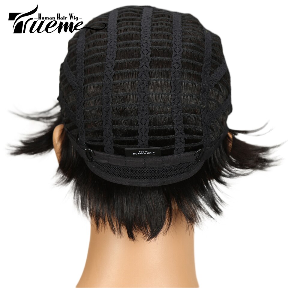 Trueme Natural Dark Brown Red Wine Color Short 100% Human Hair Wigs For Black Women Pixie Cut Full Wigs Remy Brazilian Hair