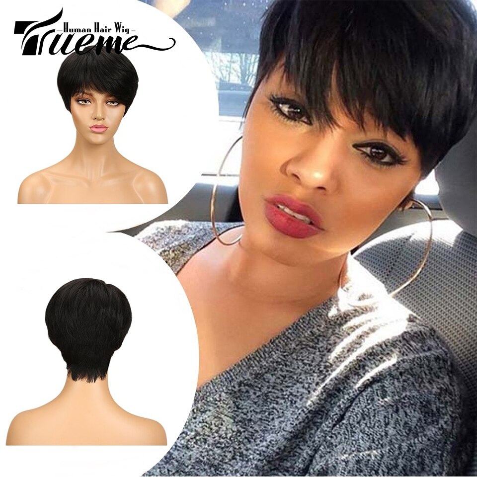 Trueme Natural Dark Brown Red Wine Color Short 100% Human Hair Wigs For Black Women Pixie Cut Full Wigs Remy Brazilian Hair