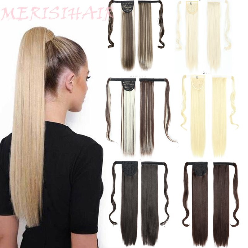 MERISIHAIR Long Straight Wrap Around Clip In Ponytail Hair Extension Heat Resistant Synthetic Pony Tail Fake Hair