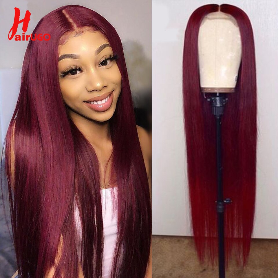 HairUGo 4x4 Lace Closure Wigs 99J Brazlian Remy Straight Lace Closure Human Hair Wigs For Black Women Human Hair Wig Pre Plucked