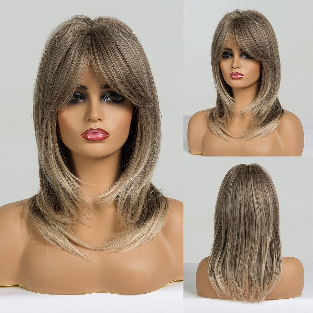 ALAN EATON Synthetic Wigs Long Straight Layered Hairstyle Ombre Black Brown Blonde Gray Ash Full Wigs with Bangs for Black Women