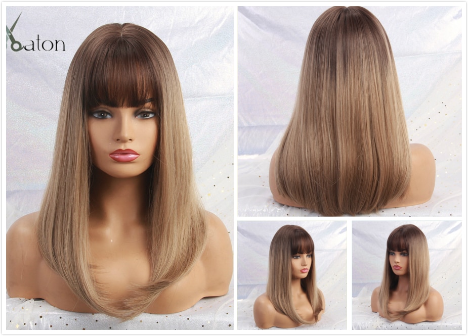 ALAN EATON Synthetic Wigs Long Straight Layered Hairstyle Ombre Black Brown Blonde Gray Ash Full Wigs with Bangs for Black Women