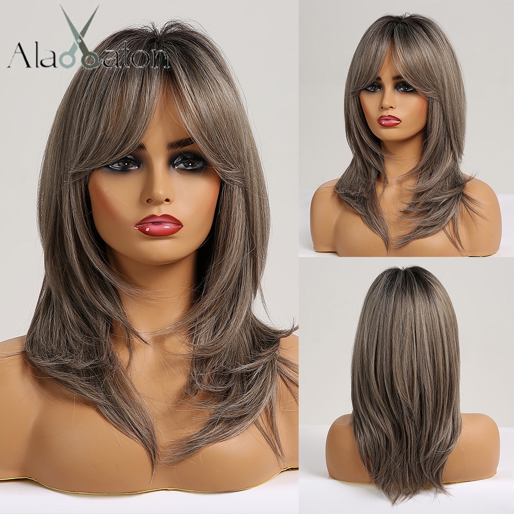ALAN EATON Synthetic Wigs Long Straight Layered Hairstyle Ombre Black Brown Blonde Gray Ash Full Wigs with Bangs for Black Women