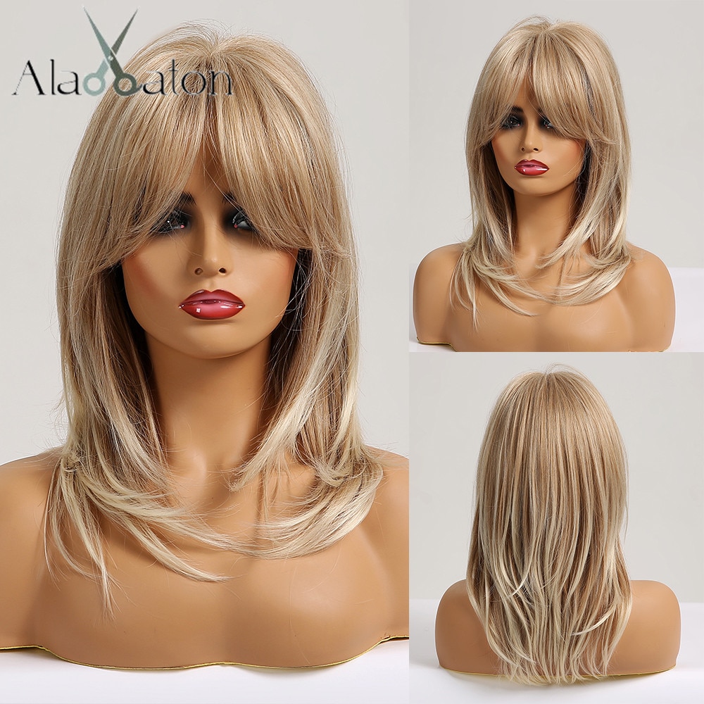 ALAN EATON Synthetic Wigs Long Straight Layered Hairstyle Ombre Black Brown Blonde Gray Ash Full Wigs with Bangs for Black Women