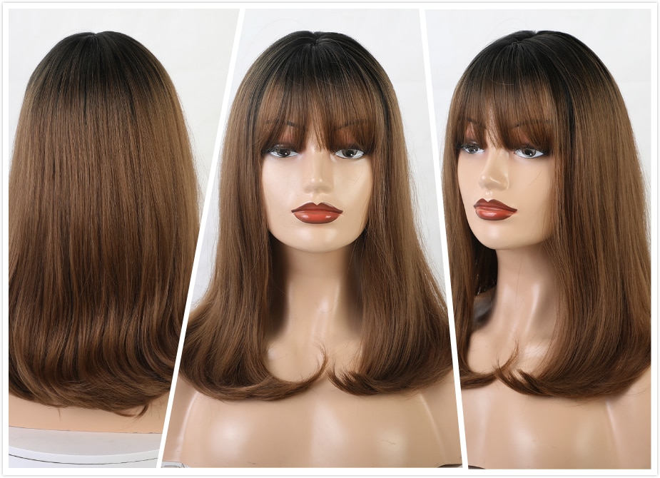 ALAN EATON Synthetic Wigs Long Straight Layered Hairstyle Ombre Black Brown Blonde Gray Ash Full Wigs with Bangs for Black Women