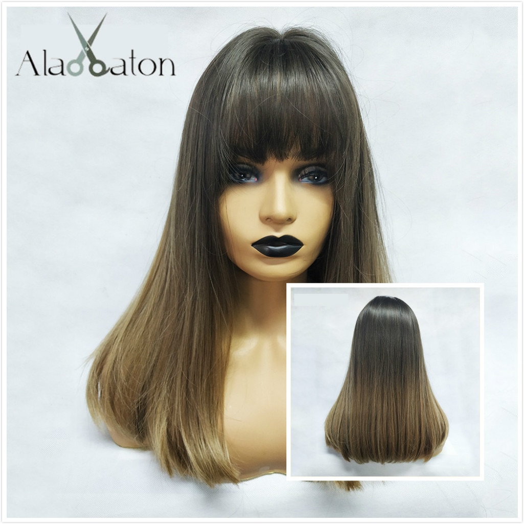 ALAN EATON Synthetic Wigs Long Straight Layered Hairstyle Ombre Black Brown Blonde Gray Ash Full Wigs with Bangs for Black Women