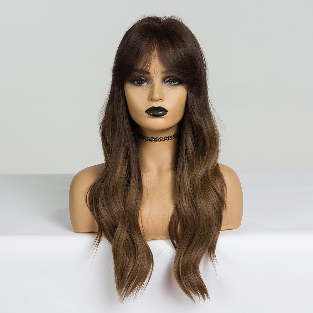 EASIHAIR Long Dark Brown Women's Wigs with Bangs Water Wave Heat Resistant Synthetic Wigs for Black Women African American Hair EASIHAIR Long Dark Brown Women's Wigs with Bangs Water Wave Heat Resistant Synthetic Wigs for Black Women African American Hair