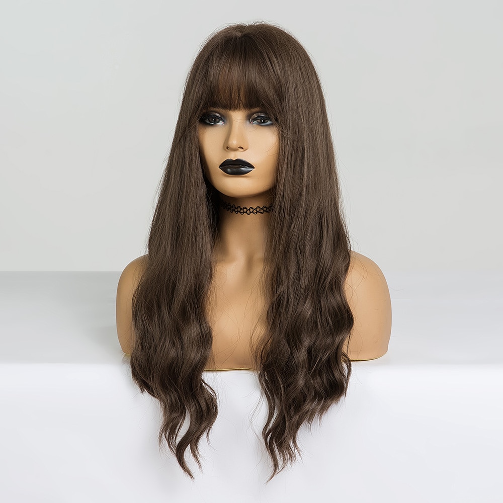 EASIHAIR Long Dark Brown Women's Wigs with Bangs Water Wave Heat Resistant Synthetic Wigs for Black Women African American Hair EASIHAIR Long Dark Brown Women's Wigs with Bangs Water Wave Heat Resistant Synthetic Wigs for Black Women African American Hair