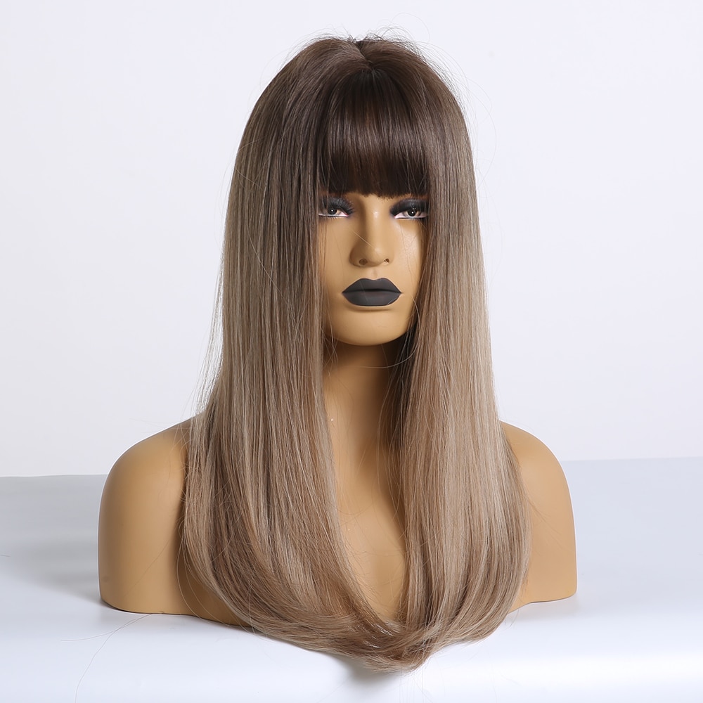 EASIHAIR Long Straight Wigs with Bangs Black to Brown Ombre Synthetic Wigs for Women Daily Natural Hair Wigs Heat Resistant EASIHAIR Long Straight Wigs with Bangs Black to Brown Ombre Synthetic Wigs for Women Daily Natural Hair Wigs Heat Resistant