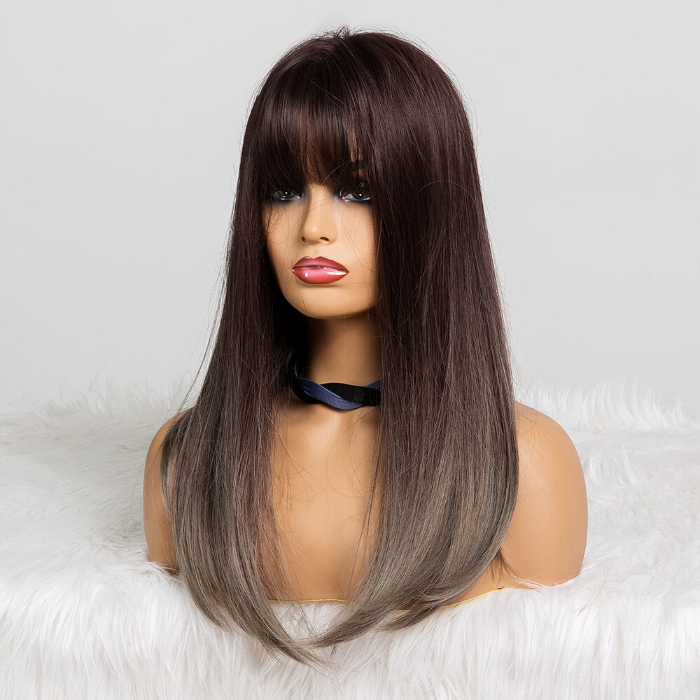 EASIHAIR Long Straight Wigs with Bangs Black to Brown Ombre Synthetic Wigs for Women Daily Natural Hair Wigs Heat Resistant EASIHAIR Long Straight Wigs with Bangs Black to Brown Ombre Synthetic Wigs for Women Daily Natural Hair Wigs Heat Resistant