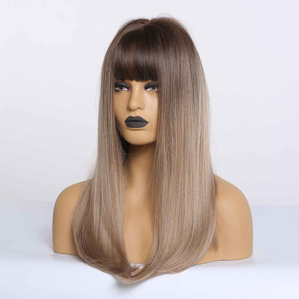 EASIHAIR Long Straight Wigs with Bangs Black to Brown Ombre Synthetic Wigs for Women Daily Natural Hair Wigs Heat Resistant EASIHAIR Long Straight Wigs with Bangs Black to Brown Ombre Synthetic Wigs for Women Daily Natural Hair Wigs Heat Resistant