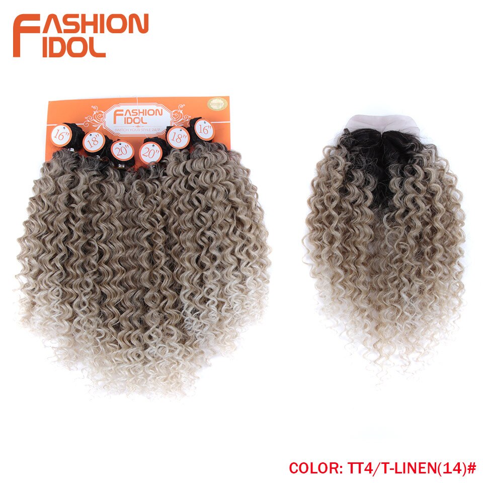 FASHION IDOL Afro Kinky Curly Hair 16-20inch 7Pieces/lot Synthetic Hair Middle Part Lace Front Closure Bundles With Closure 240g