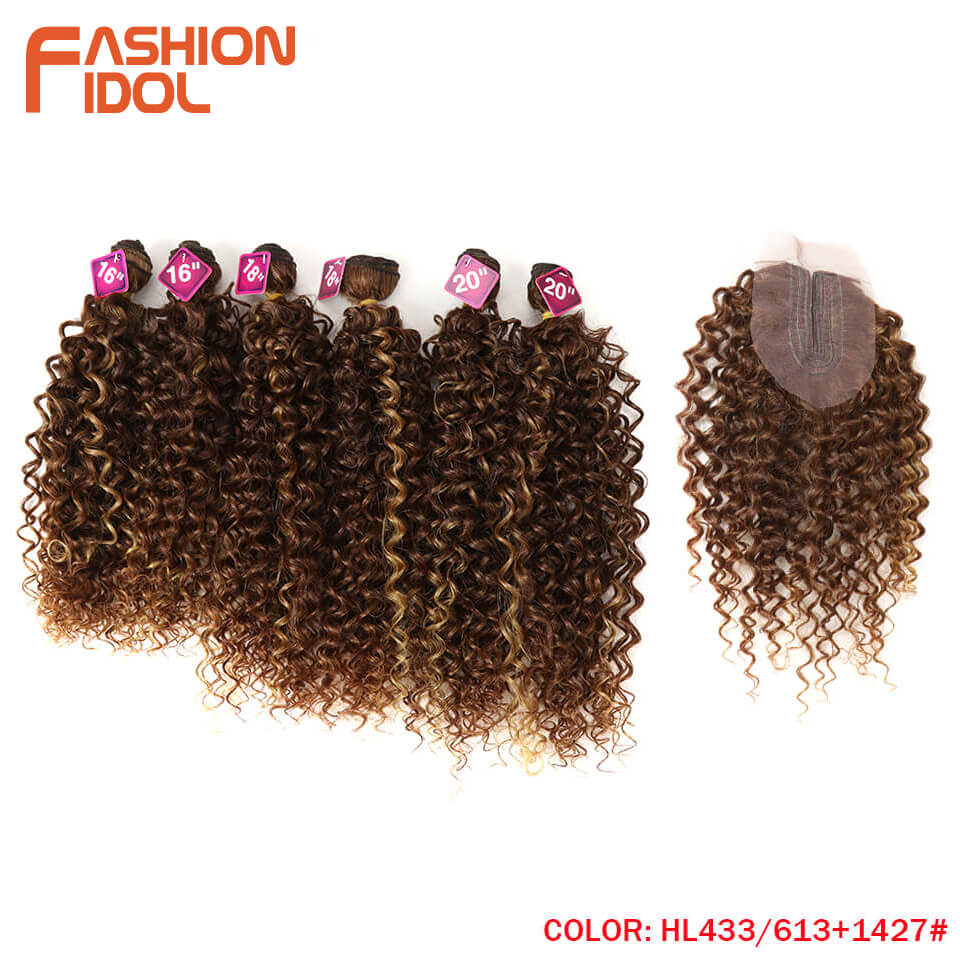 FASHION IDOL Afro Kinky Curly Hair 16-20inch 7Pieces/lot Synthetic Hair Middle Part Lace Front Closure Bundles With Closure 240g