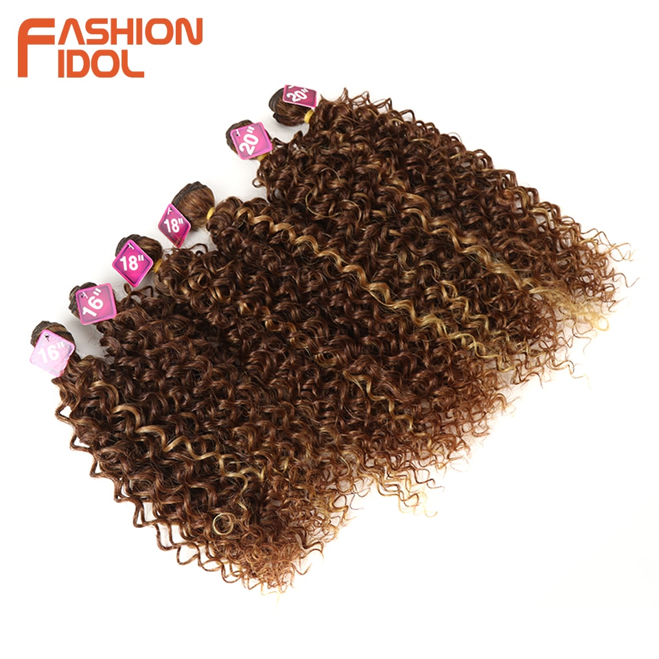 FASHION IDOL Afro Kinky Curly Hair 16-20inch 7Pieces/lot Synthetic Hair Middle Part Lace Front Closure Bundles With Closure 240g