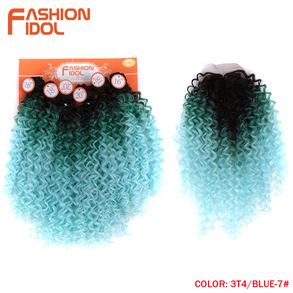 FASHION IDOL Afro Kinky Curly Hair 16-20inch 7Pieces/lot Synthetic Hair Middle Part Lace Front Closure Bundles With Closure 240g