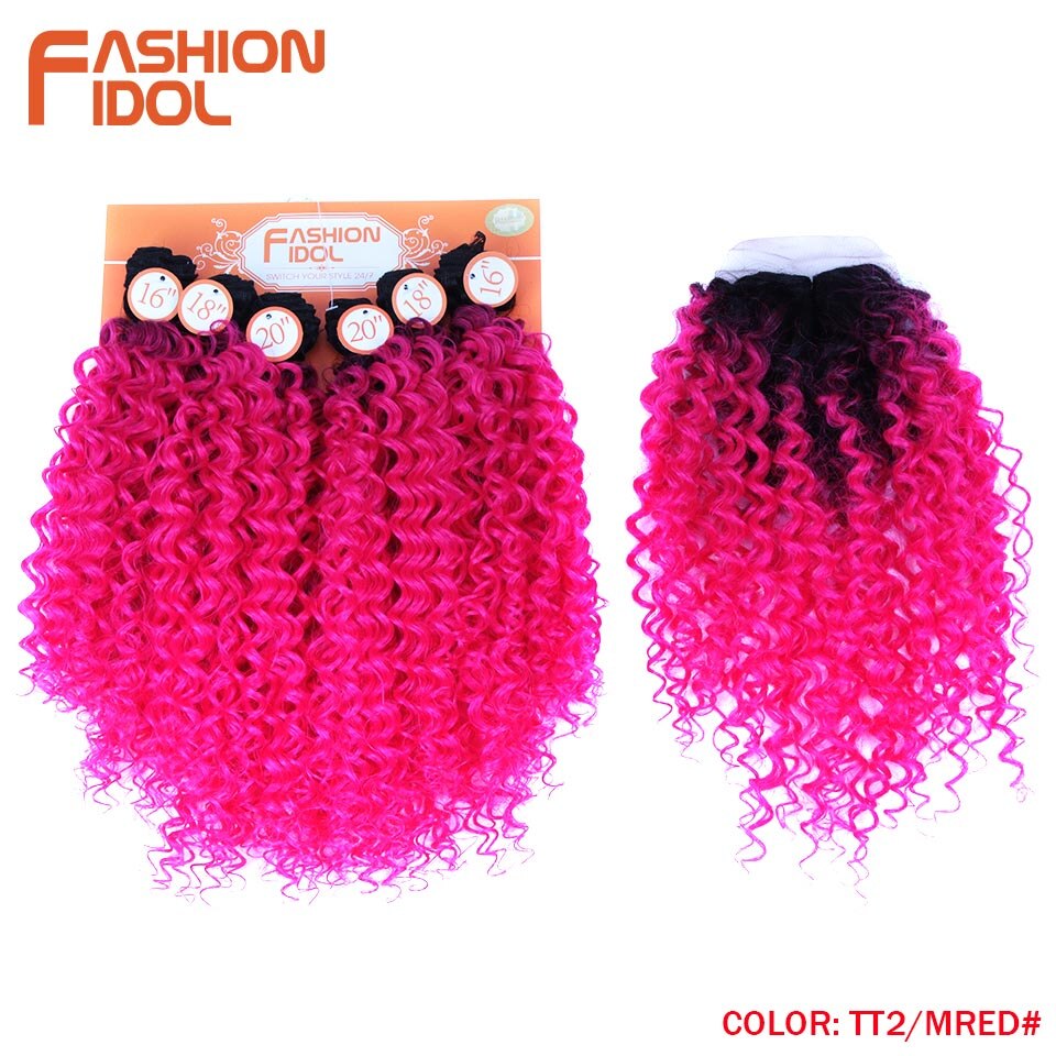 FASHION IDOL Afro Kinky Curly Hair 16-20inch 7Pieces/lot Synthetic Hair Middle Part Lace Front Closure Bundles With Closure 240g