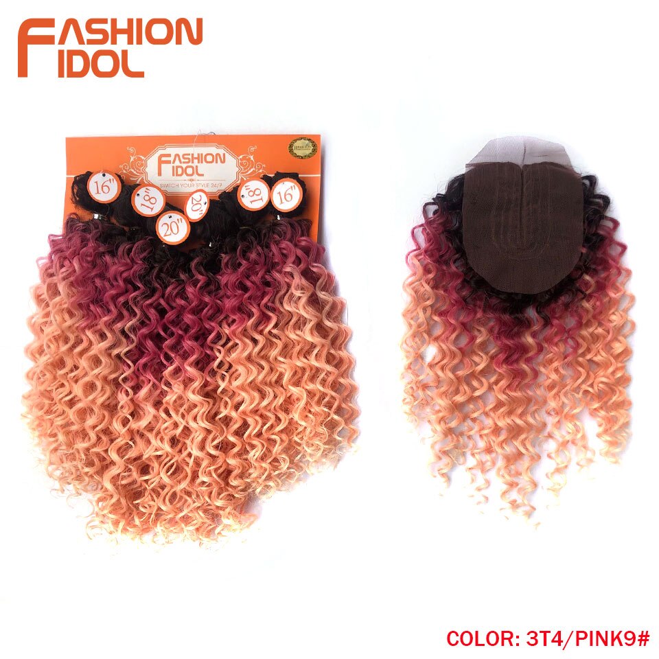 FASHION IDOL Afro Kinky Curly Hair 16-20inch 7Pieces/lot Synthetic Hair Middle Part Lace Front Closure Bundles With Closure 240g