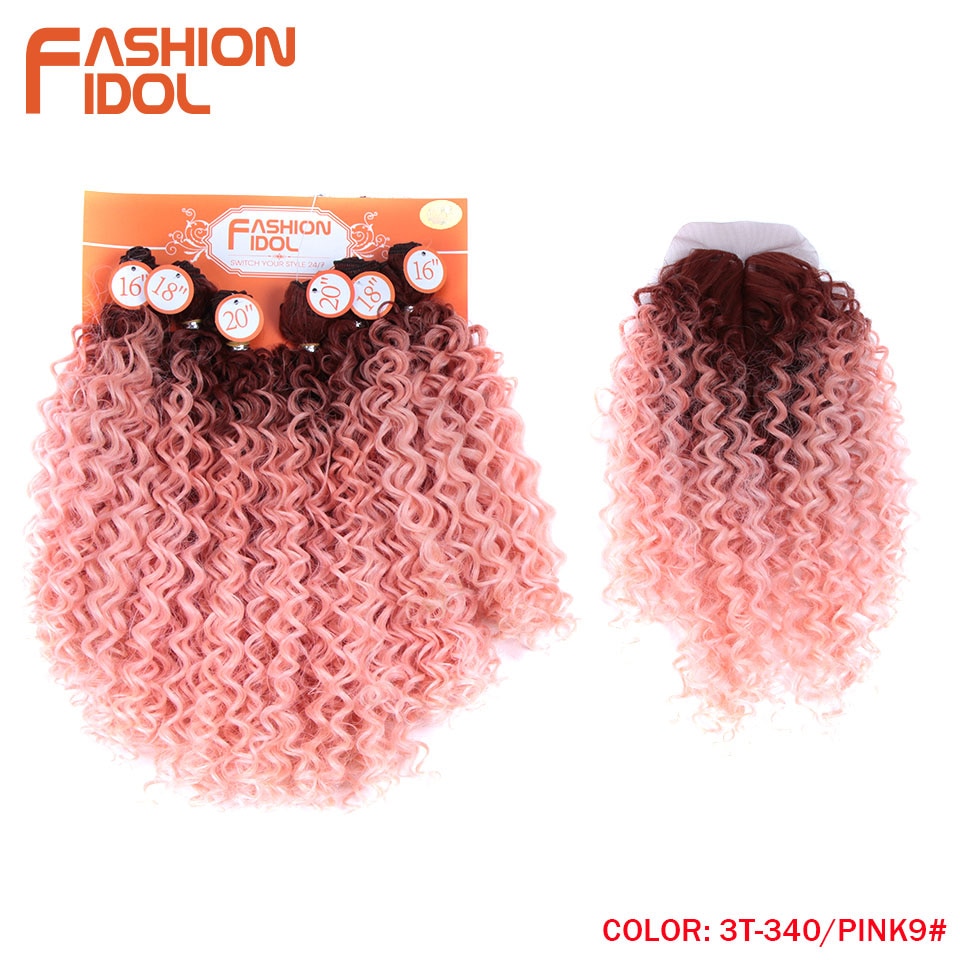 FASHION IDOL Afro Kinky Curly Hair 16-20inch 7Pieces/lot Synthetic Hair Middle Part Lace Front Closure Bundles With Closure 240g