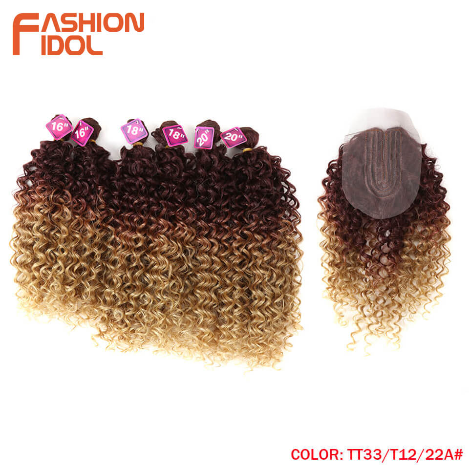 FASHION IDOL Afro Kinky Curly Hair 16-20inch 7Pieces/lot Synthetic Hair Middle Part Lace Front Closure Bundles With Closure 240g