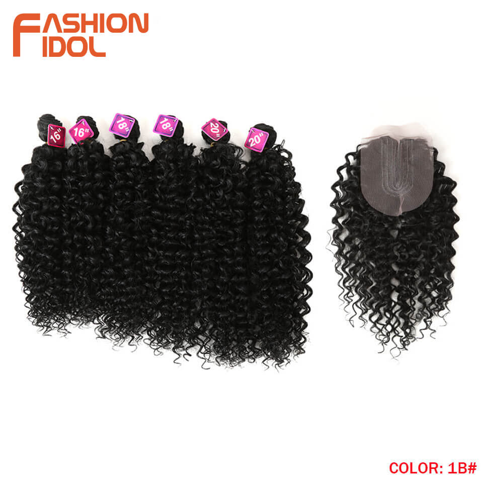 FASHION IDOL Afro Kinky Curly Hair 16-20inch 7Pieces/lot Synthetic Hair Middle Part Lace Front Closure Bundles With Closure 240g