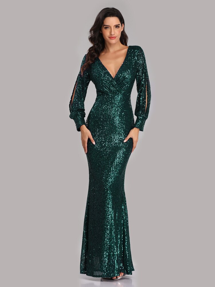 New Sexy V Neck Mermaid Evening Dress Long Formal Prom Party Gown Full Sequins long Sleeve Galadress vestidos occassion dress New Sexy V Neck Mermaid Evening Dress Long Formal Prom Party Gown Full Sequins long Sleeve Galadress vestidos occassion dress