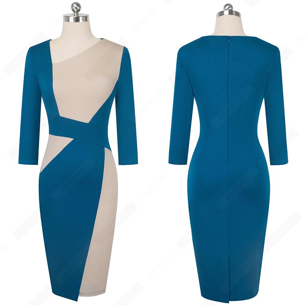 Vintage Women Patchwork Asymmetrical Collar Dress Elegant Casual Work Office Sheath Slim Dress EB517