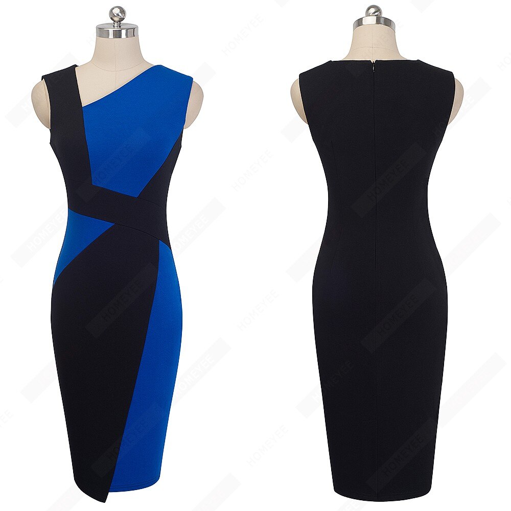 Vintage Women Patchwork Asymmetrical Collar Dress Elegant Casual Work Office Sheath Slim Dress EB517