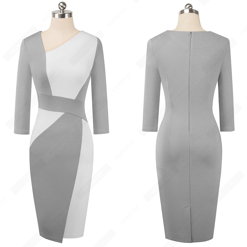 Vintage Women Patchwork Asymmetrical Collar Dress Elegant Casual Work Office Sheath Slim Dress EB517
