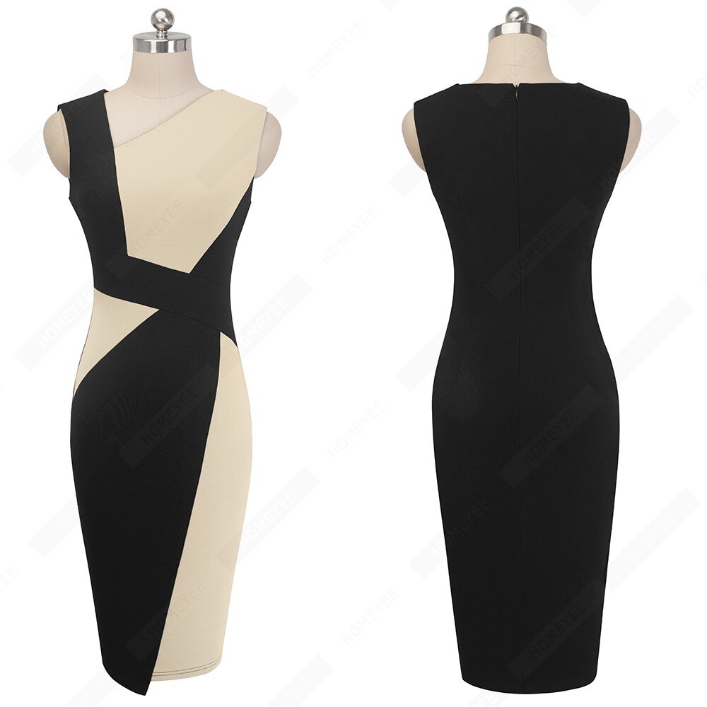 Vintage Women Patchwork Asymmetrical Collar Dress Elegant Casual Work Office Sheath Slim Dress EB517