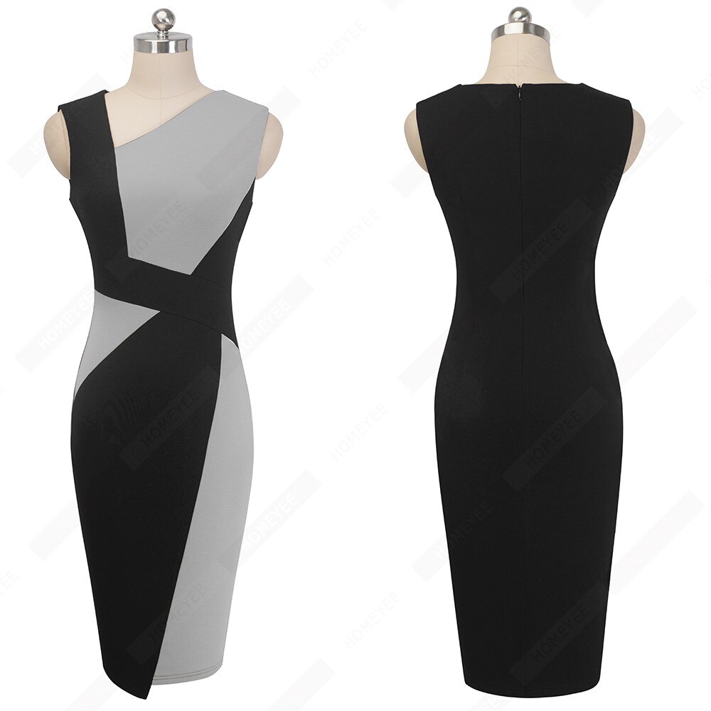 Vintage Women Patchwork Asymmetrical Collar Dress Elegant Casual Work Office Sheath Slim Dress EB517