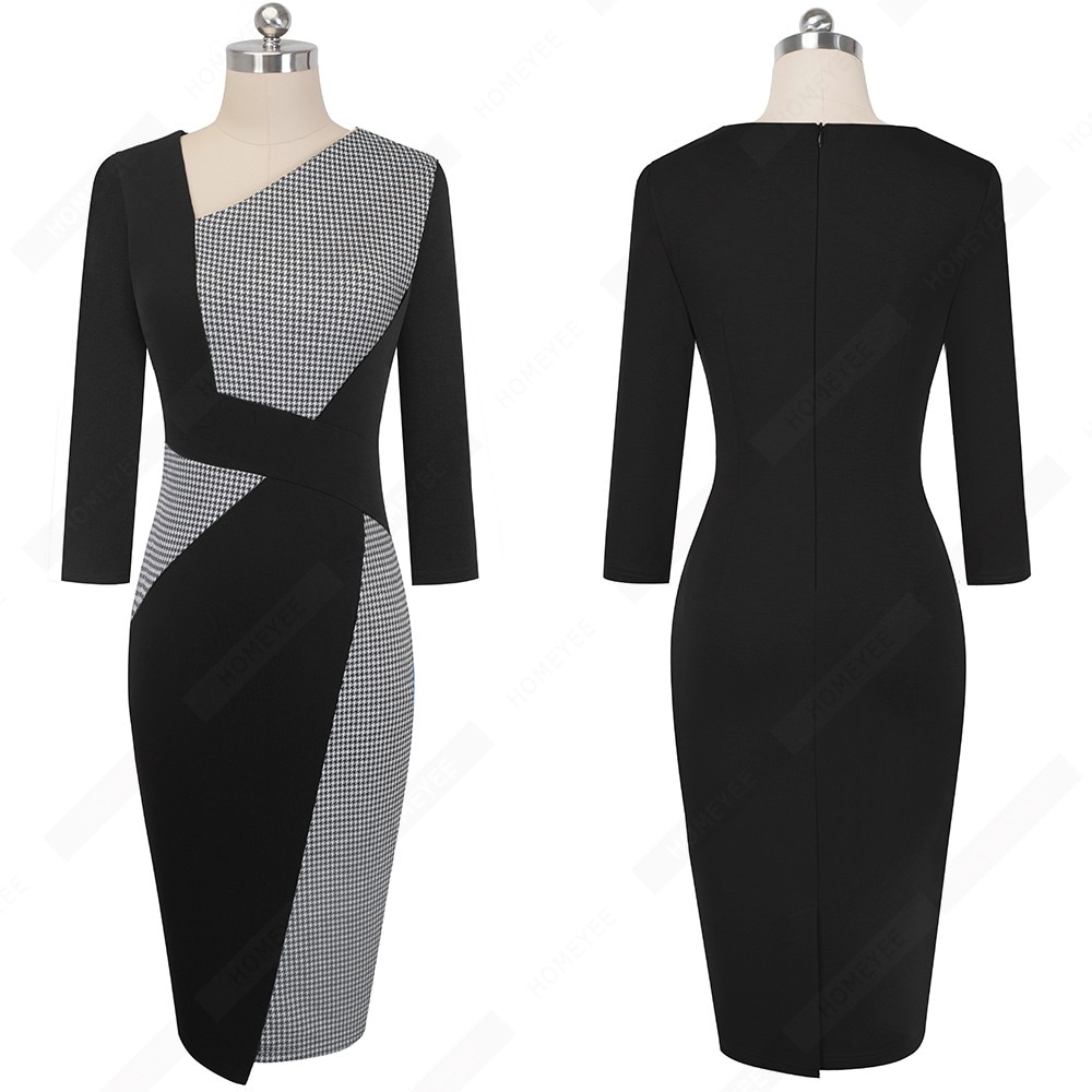 Vintage Women Patchwork Asymmetrical Collar Dress Elegant Casual Work Office Sheath Slim Dress EB517