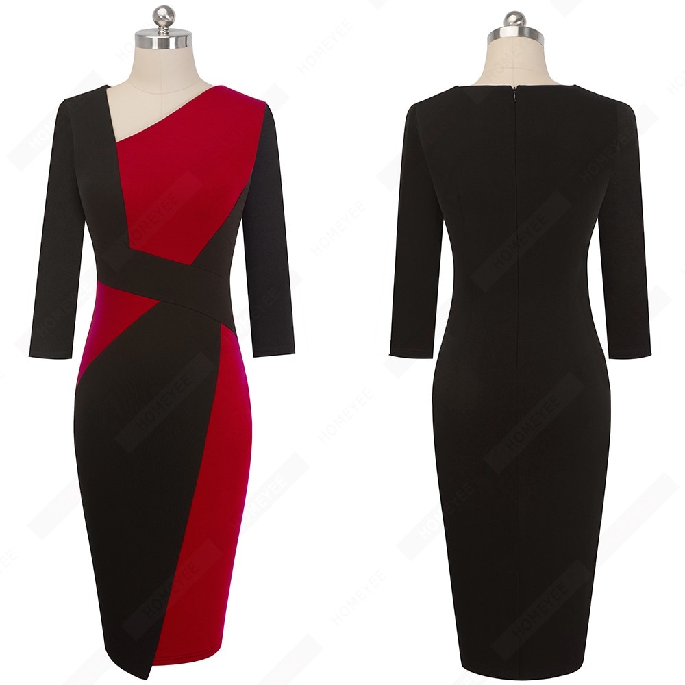 Vintage Women Patchwork Asymmetrical Collar Dress Elegant Casual Work Office Sheath Slim Dress EB517