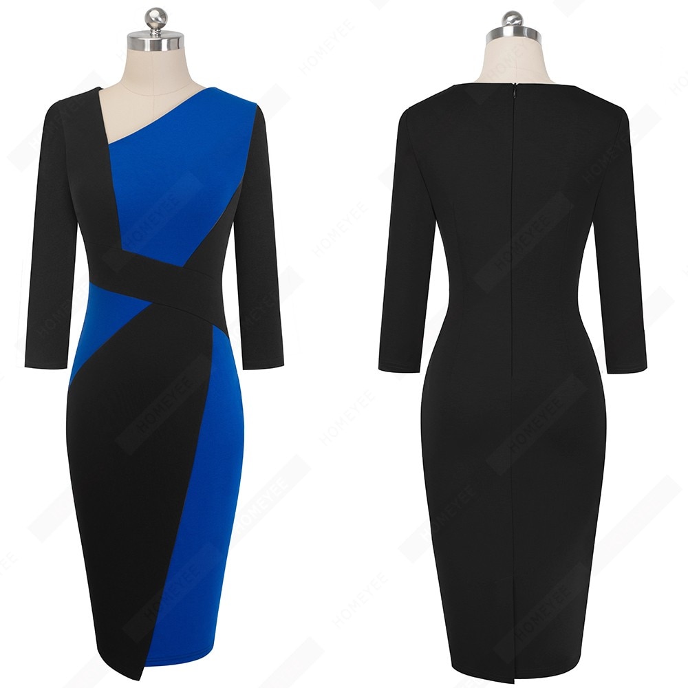 Vintage Women Patchwork Asymmetrical Collar Dress Elegant Casual Work Office Sheath Slim Dress EB517