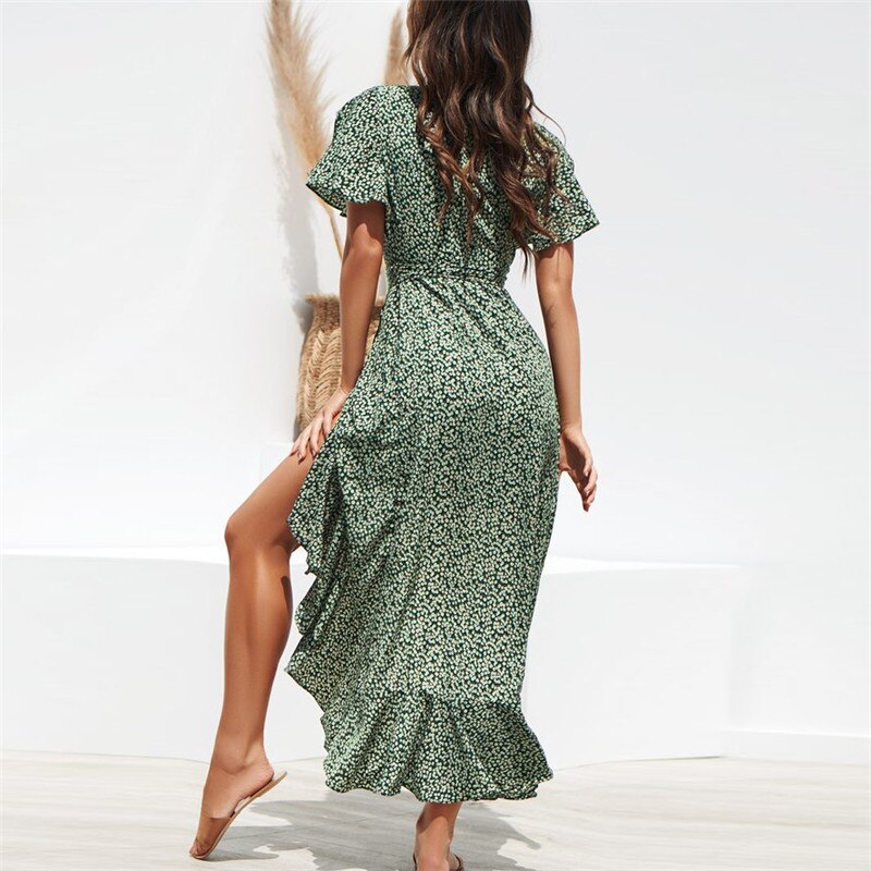 Summer Beach Maxi Dress Women Floral Print Boho Long Chiffon Dress Ruffles Wrap Casual V-Neck Split Sexy Party Dress Robe Summer Beach Maxi Dress Women Floral Print Boho Long Chiffon Dress Ruffles Wrap Casual V-Neck Split Sexy Party Dress Robe