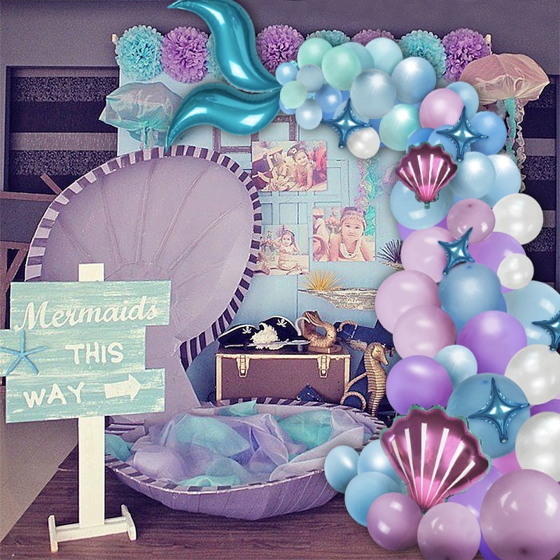 87pcs Mermaid Tail Balloon Garland Arch Mermaid Theme Birthday Party Decorations Supplies Under the Sea Little Mermaid Balloons