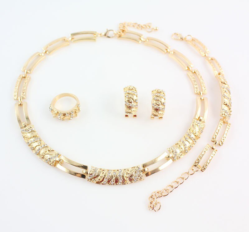 Women African Beads Jewelry Sets Cz Crystal Necklace Earring Ring Bracelet Jewelries Set Gold Color Statement Accessories