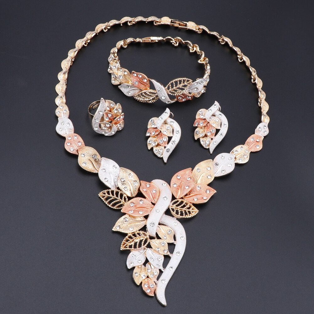 African Dubai Gold Jewelry Nigerian Crystal Necklace Hoop Earrings Ring Women Italian Bridal Jewelry Sets Wedding Accessories