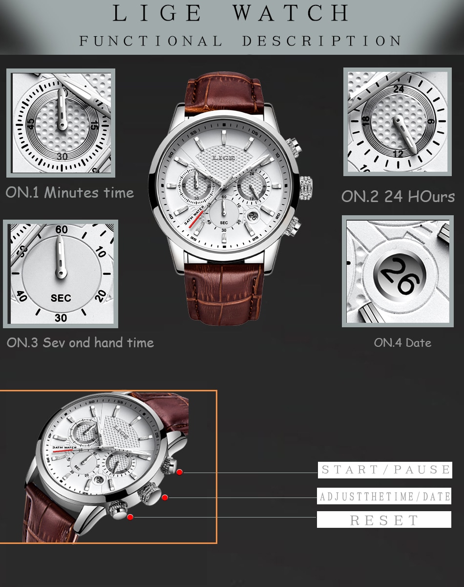 2021 New Mens Watches LIGE Top Brand Luxury Leather Casual Quartz Watch Men's Sport Waterproof Clock Watch Relogio Masculino+Box