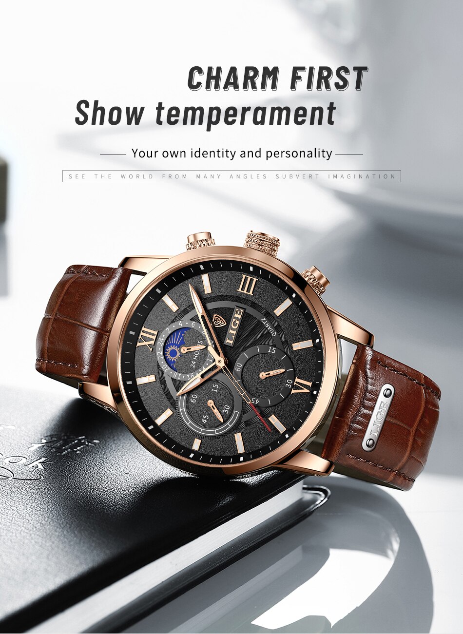2021 New Mens Watches LIGE Top Brand Luxury Leather Casual Quartz Watch Men's Sport Waterproof Clock Watch Relogio Masculino+Box
