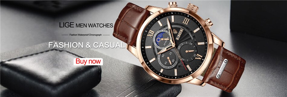 2021 New Mens Watches LIGE Top Brand Luxury Leather Casual Quartz Watch Men's Sport Waterproof Clock Watch Relogio Masculino+Box