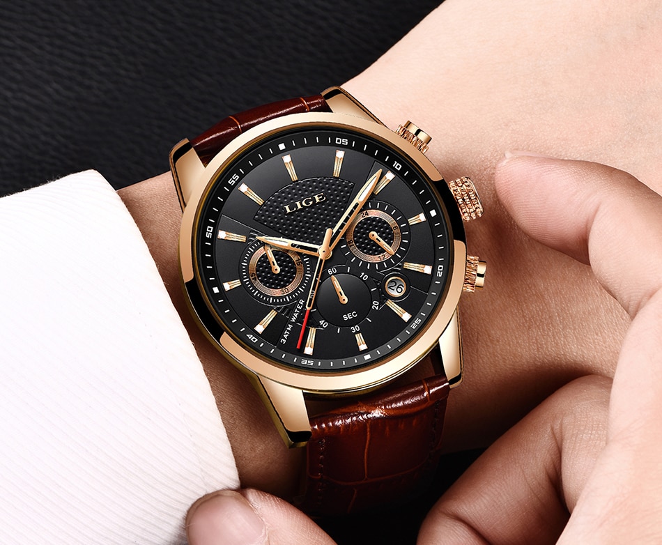 2021 New Mens Watches LIGE Top Brand Luxury Leather Casual Quartz Watch Men's Sport Waterproof Clock Watch Relogio Masculino+Box